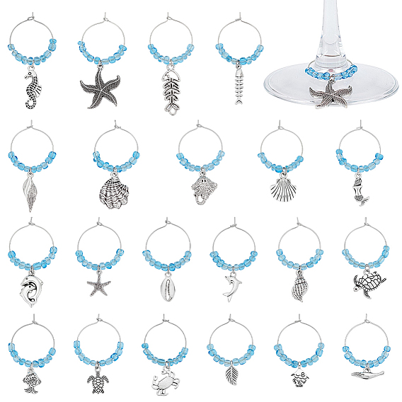 21шт стеклянные подвески для бокалов для вина, с сплава прелести, морские животные, латунное кольцо-подвеска для бокала для вина