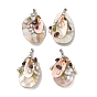 Natural Shell & Pearl & Peridot Big Pendants, Oval Charms with Brass Snap on Bails, Platinum