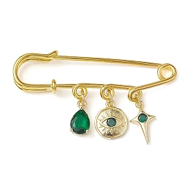 Evil Eye Iron Safety Pin Kilt Pins, with Brass Micro Pave Cubic Zirconia Charms, Golden