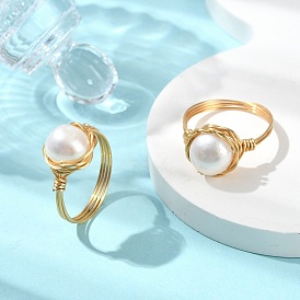 Кольца с натуральным культивированным пресноводным жемчугом для женщин, экологичный медный провод, круглые