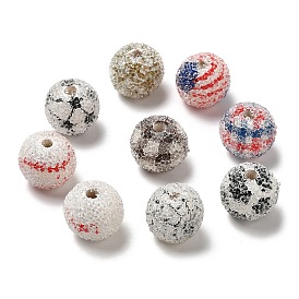 Spray Painted Wood European Beads with Rhinestone, Large Hole Beads, Round