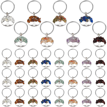 32 pcs 8 couleurs porte-clés arbre de vie en pierres précieuses naturelles, avec pendentif en alliage et anneaux en fer, platine