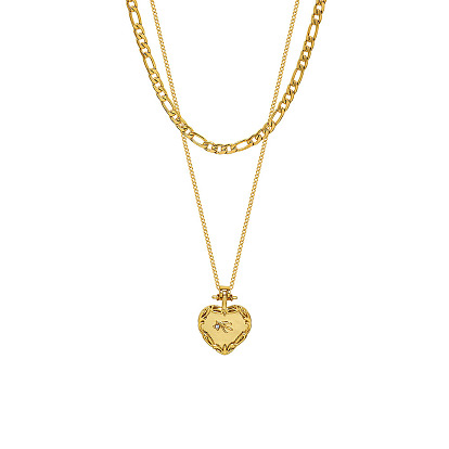 Double-layered Heart Pendant Necklace with Titanium Steel & 18K Gold Collarbone Chain - Unique Fashion Jewelry