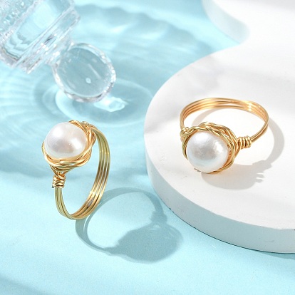 Кольца с натуральным культивированным пресноводным жемчугом для женщин, экологичный медный провод, круглые
