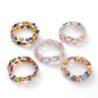 Round Glass Seed Beaded Finger Rings, with Golden Plated Brass Beads
