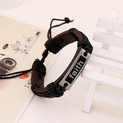Adjustable Cowhide Cord Bracelets for Men, Word Faith Alloy Links Bracelets
