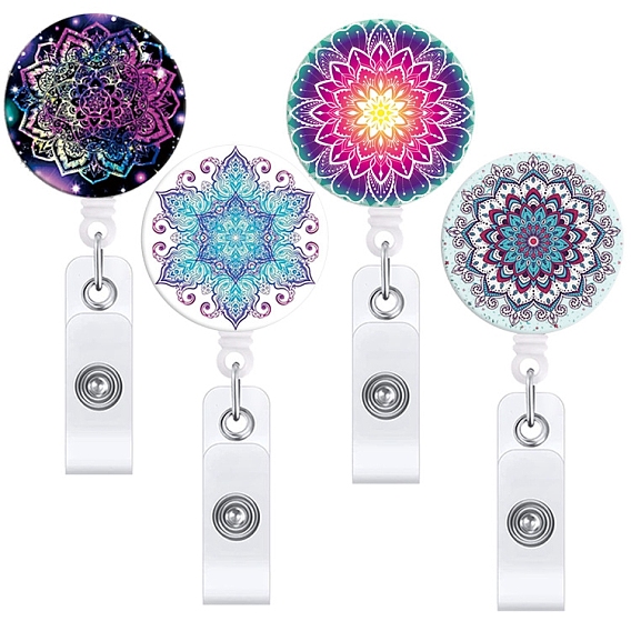 ABS Plastic Retractable Badge Reels, Card Holders, with Platinum Clips, ID Badge Holder for Nurses, Flat Round with Mandala Pattern