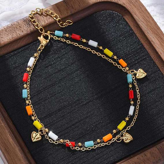 304 многожильные браслеты из нержавеющей стали с тросовой цепью, стеклянные бусины-колонны и браслеты в форме сердца для женщин, с пластиковой имитационной жемчужиной