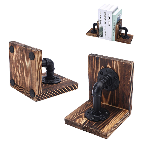 Sujetalibros de madera con tubería industrial realista, soporte para libros en forma de L