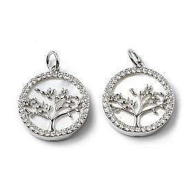 Brass Cubic Zirconia Pendants, with Shell, Flat Round with Tree Charm