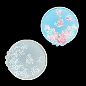 Flat Round with Flower & Butterfly Cup Mat Silicone Molds, Resin Casting Molds, for UV Resin & Epoxy Resin Craft Making