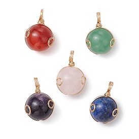 Natural Carnelian/Rose Quartz/Lapis Lazuli/Aventurine/Amethyst Round Pendants, Eco-Friendly Round Copper Wire Wrapped Ball Charms, Golden, Mixed Dyed and Undyed