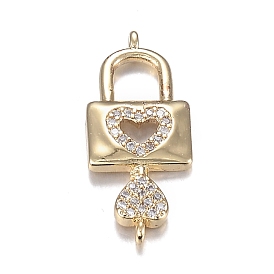 Brass Micro Clear Cubic Zirconia Links, Long-Lasting Plated, Lock with Key with Heart