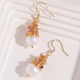 Handmade Baroque French Style Natural Stone Hook Earrings with Freshwater Pearls for Women