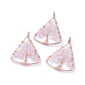 Long-Lasting Plated Brass Pendants, Wire Wrapped Pendants, with Natural Gemstone Chips, Triangle with Tree