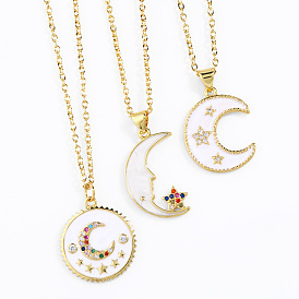 Star and Moon Necklace for Women Oil Dropped Colored Zircon Moon Pendant Clavicle Chain nkb756