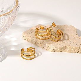 18K Gold Plated Stainless Steel C-shaped Earrings & Geometric Titanium Steel Ring Set