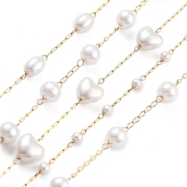 Handmade Heart/Round/Oval ABS Imitation Pearl Beaded Chains, with Ion Plating(IP) 304 Stainless Steel Chains, Unwelded, Real 18K Gold Plated