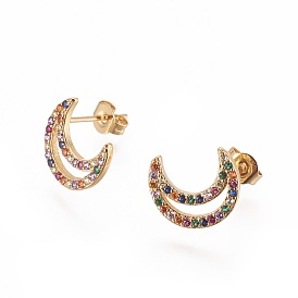 Brass Micro Pave Cubic Zirconia Stud Crawler Earrings, Climber Earrings, Crescent Moon, Golden