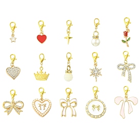 30Pcs 15 Styles Bowknot Heart Star Alloy Enamel Shoe Charms, with Lobster Claw Clasps