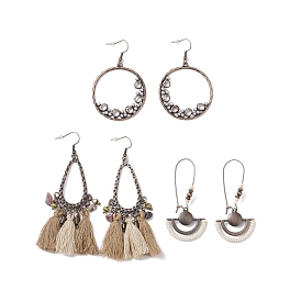 3 paires 3 boucles d'oreilles style anneau & larme & éventail en alliage avec éclats de jaspe dalmatien, grandes boucles d'oreilles pendantes bohèmes en coton avec perles de bois pour femme