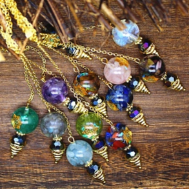 Natural & Synthetic Gemstone Dowsing Pendulum Big Pendants, Undyed, with Golden Plated Metal Findings, Cone Charm