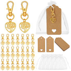 24шт. подвеска в виде сердца с деревом жизни из сплава, с карабинами из сплава и подарочными пакетами из органзы и бумажными карточками