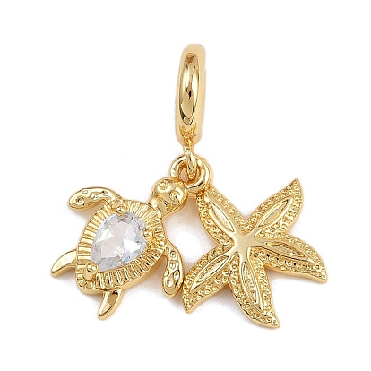 Brass Pave Clear Cubic Zirconia European Dangle Charms, Turtles Starfish Large Hole Pendants