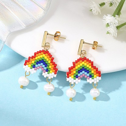 Natural Cultured Freshwater Pearl & Glass Beads Braided Dangle Earrings, Rainbow, 304 Stainless Steel Stud Earrings for Women, Golden