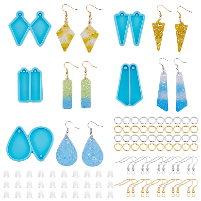 Conjunto de fabricación de aretes de joyería diy, incluye moldes de silicona 5pcs, 100 anillos de salto abiertos de hierro de las PC, 60 piezas de ganchos para pendientes y 100 piezas de tuercas de oreja de plástico
