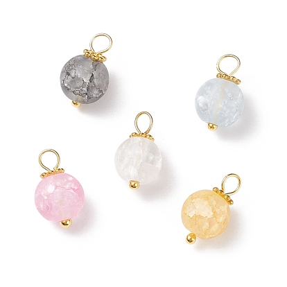 Frosted Dyed Synthetic Crackle Quartz Charms, with Golden Tone Brass Loops and Alloy Daisy Spacer Beads, Round