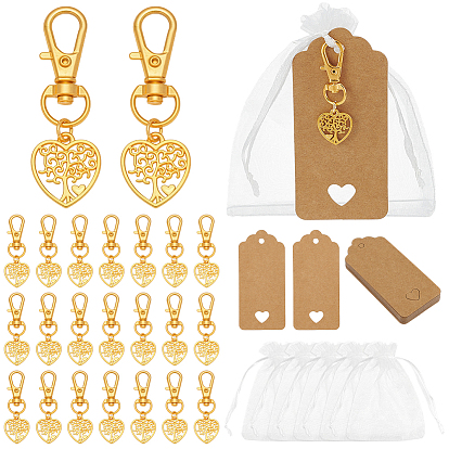 24шт. подвеска в виде сердца с деревом жизни из сплава, с карабинами из сплава и подарочными пакетами из органзы и бумажными карточками