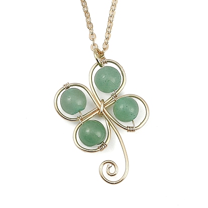 Клевер медная проволока обернутая натуральный зеленый авантюрин клевер кулон ожерелья, Железные ожерелья, кабель цепи