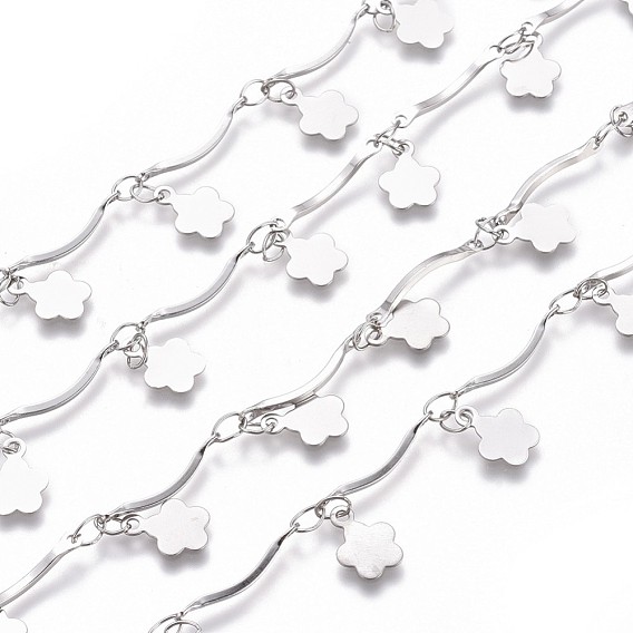Handmade 304 Stainless Steel Scalloped Bar Link Chains, Soldered, with Flower Charms and Card Paper
