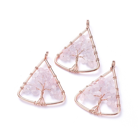 Long-Lasting Plated Brass Pendants, Wire Wrapped Pendants, with Natural Gemstone Chips, Triangle with Tree