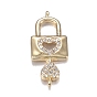 Brass Micro Clear Cubic Zirconia Links, Long-Lasting Plated, Lock with Key with Heart