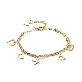 304 bracelets multi-rangs doubles chaînes en acier inoxydable, cœur et nœud papillon 201 bracelet à breloques en acier inoxydable pour femme