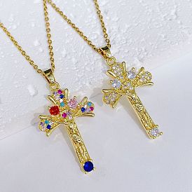 Vintage Colorful Zirconia Virgin Mary Cross Pendant Necklace with Titanium Steel Chain for Women