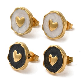 Ion Plating(IP) 304 Stainless Steel Flat Round with Heart Stud Earrings, wtih Enamel