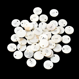 Pendentifs de coquillages d'eau douce naturelle, avec ornements métalliques gravés au fer plaqué platine, plat rond avec la lettre initiale, alphabet, blanc