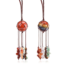 Round Gemstone Pouch Pendant Decorations, Braided Thread and Gemstone Chip Tassel Hanging Ornaments