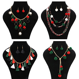 Рождественские полиэстеровые помпоны-шарики с ожерельями и висячие серьги, комплекты ювелирных изделий из сплава