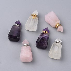 Pendentifs de bouteille de parfum ouvrants de pierres précieuses naturelles à facettes, avec 304 accessoires en acier inoxydable, trapèze
