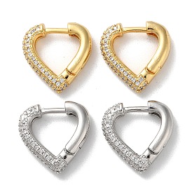 Brass Pave Clear Cubic Zirconia Hoop Earrings, Heart