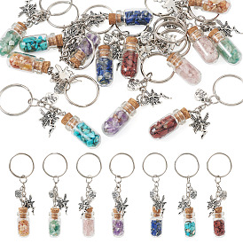 14 pièces 7 styles porte-clés bouteille à souhaits en verre, avec porte-clés fendus en fer et perles en pierres précieuses, ange, platine