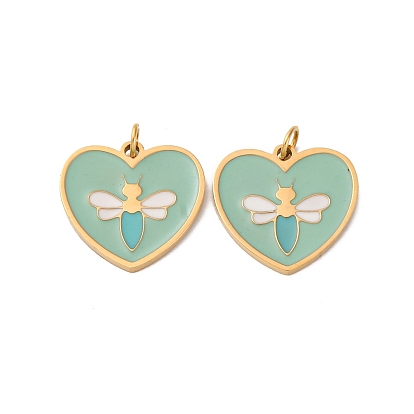 304 подвески из нержавеющей стали, с эмалью и кольцом для прыжков, ионное покрытие (ip), сердце с пчелиным шармом