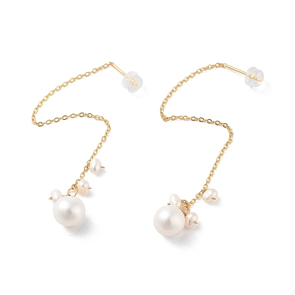 Round Natural Pearl Stud Earrings for Women, Sterling Silver Ear Thread