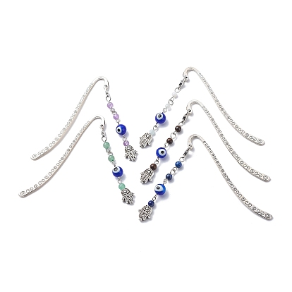 Handmade Evil Eye Lampwork & Mixed Gemstone Round Beaded Pendants Bookmarks, Alloy Hamsa Hand Bookmarks, Hook Book Marker