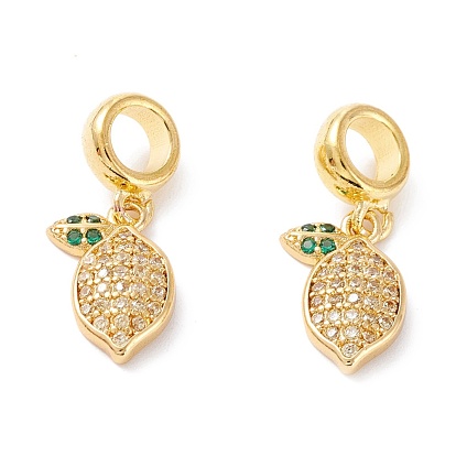 Brass Cubic Zirconia European Dangle Charms, Largr Hole Pendants, Long-Lasting Plated, Real 18K Gold Plated, Lemon