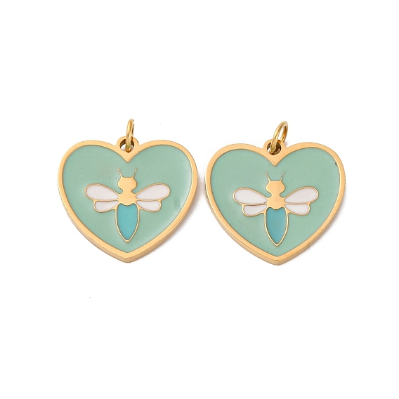 304 подвески из нержавеющей стали, с эмалью и кольцом для прыжков, ионное покрытие (ip), сердце с пчелиным шармом